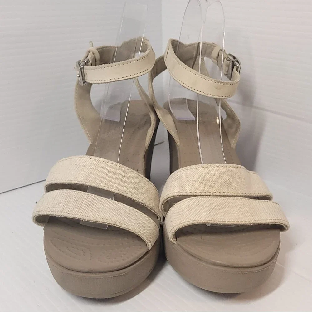 Crocs Women's Leigh II Cross-Strap Ankle Wedges Sandal, Oatmeal/Mushroom Size 10